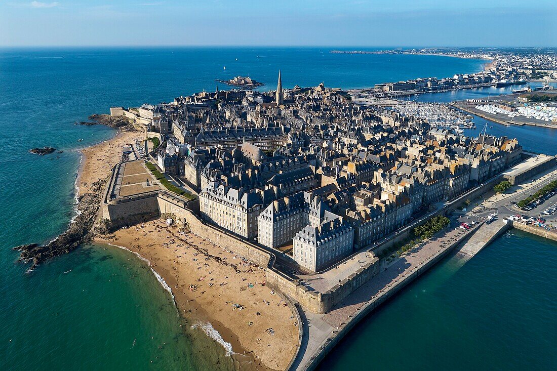 France, Ille et Vilaine, Cote d'Emeraude (Emerald Coast), Saint Malo, the walled city (aerial view)\n