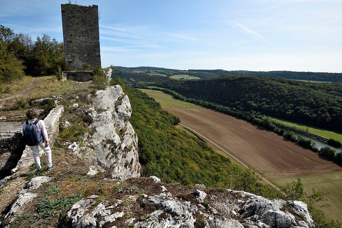 France, Doubs, Montferrand le Chateau, castle 11th and 12th centuries, remains, dungeon, cliffs, view of the Doubs valley\n