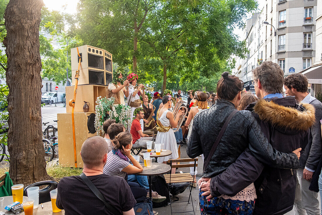France, Paris, district of Menilmontant, street band during the Fete de la Musique\n