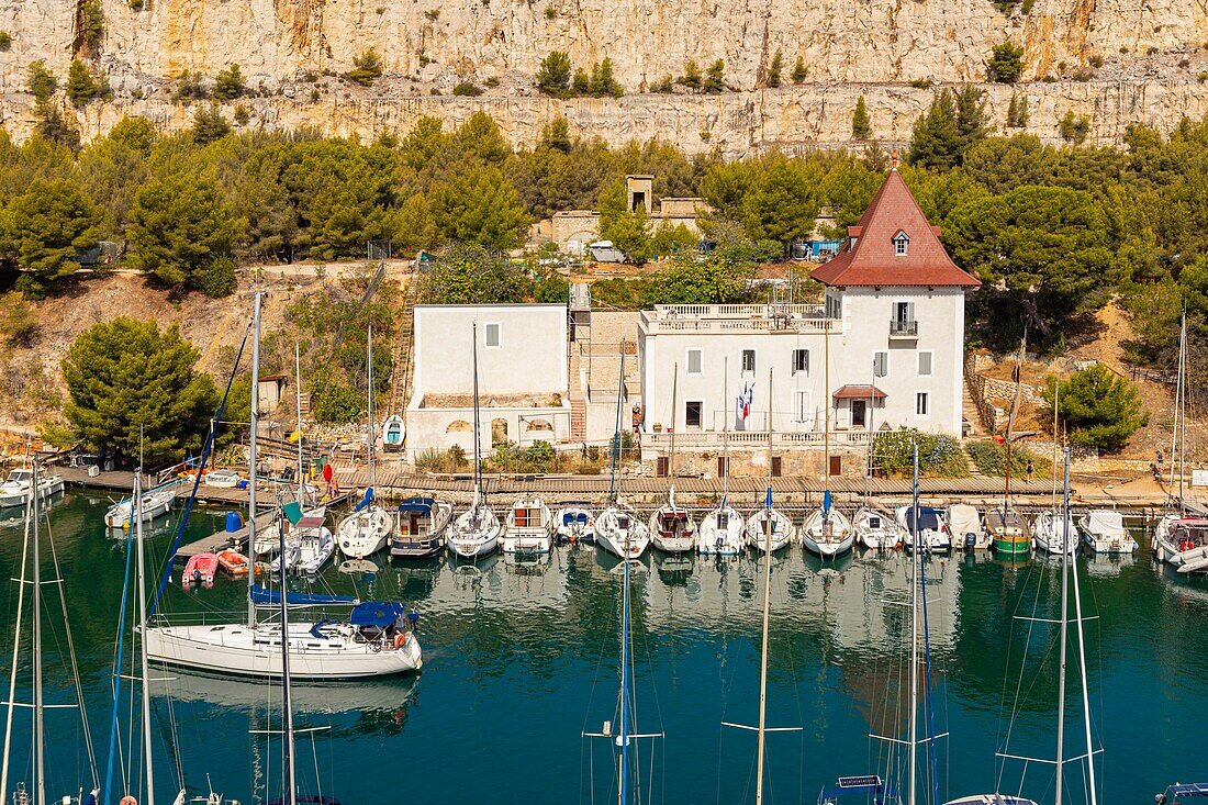 France, Bouches du Rhone, Cassis, Calanques National Park, the cove of Port Miou, the Harbor Master's office\n