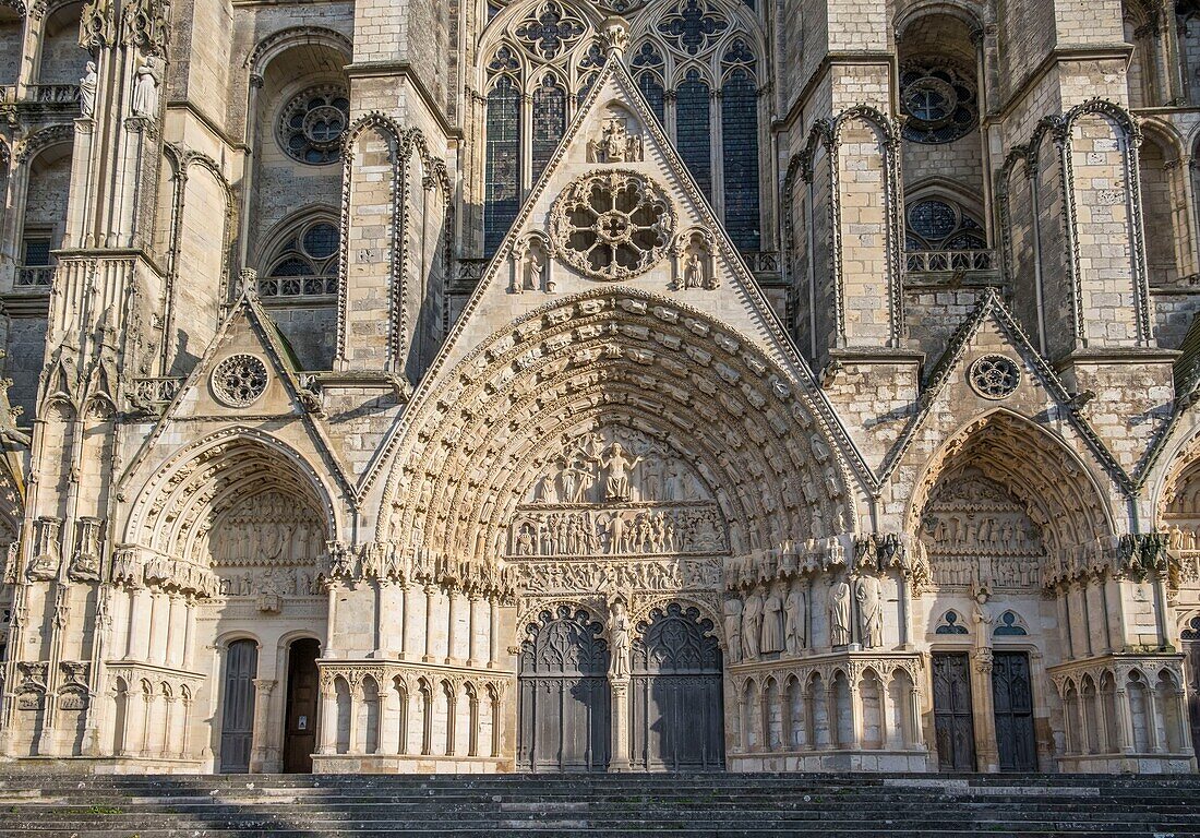 France, Cher, Bourges, Saint Etienne cathedral, listed as World Heritage by UNESCO, the west facade, portal of the Last Judgement, detail\n
