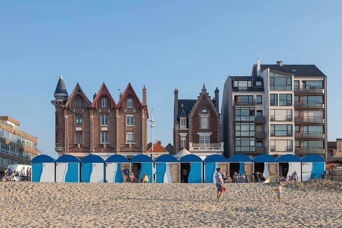 France, Nord, Malo les bains, beach huts and facades of villas waterfront\n