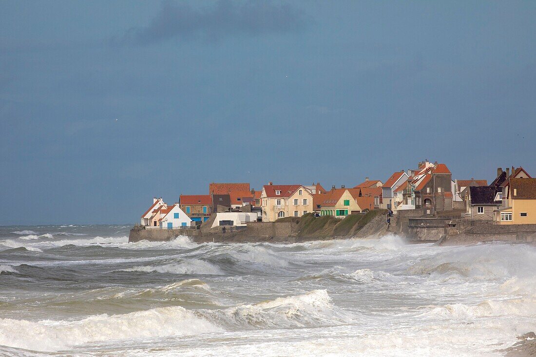 France, Pas de Calais, cote d'Opale, Audresselles village at high tide on a day of storm and high tide\n