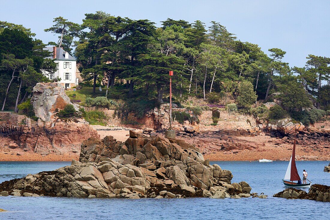 France, Cotes d'Armor, Ile de Brehat, sailboat at the entrance of the harbour of Port Clos\n