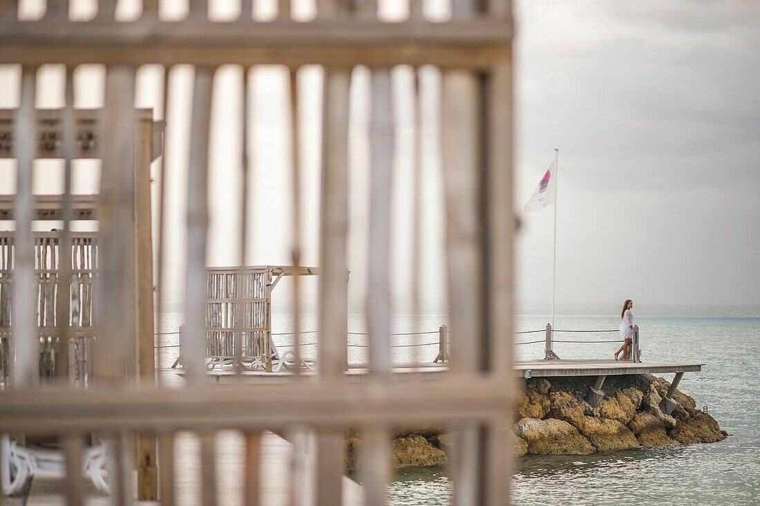 France, Caribbean, Lesser Antilles, Guadeloupe, Grande-Terre, Le Gosier, woman on the beach, Créole Beach hotel\n