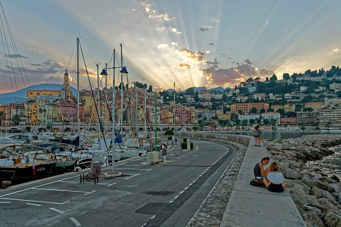 France, Alpes Maritimes, Menton, the port and the old town dominated by the Saint Michel Archange basilica\n