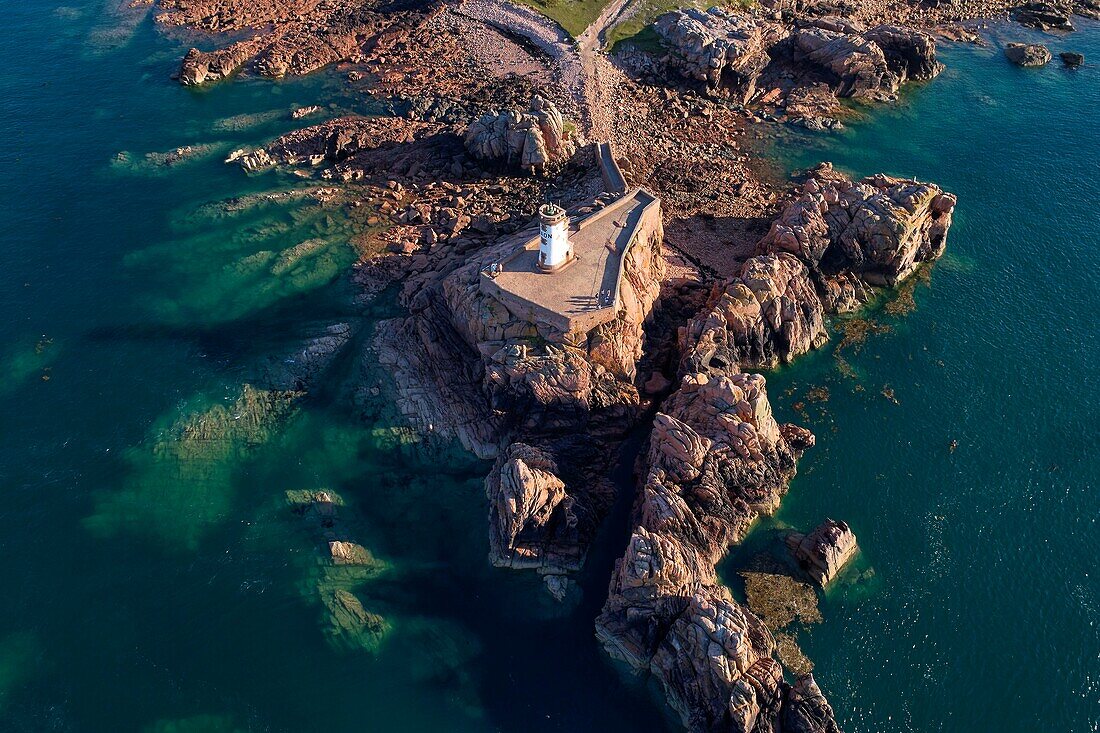 France, Cotes d'Armor, ile de Brehat, lighthouse at Pointe du Paon (aerial view)\n