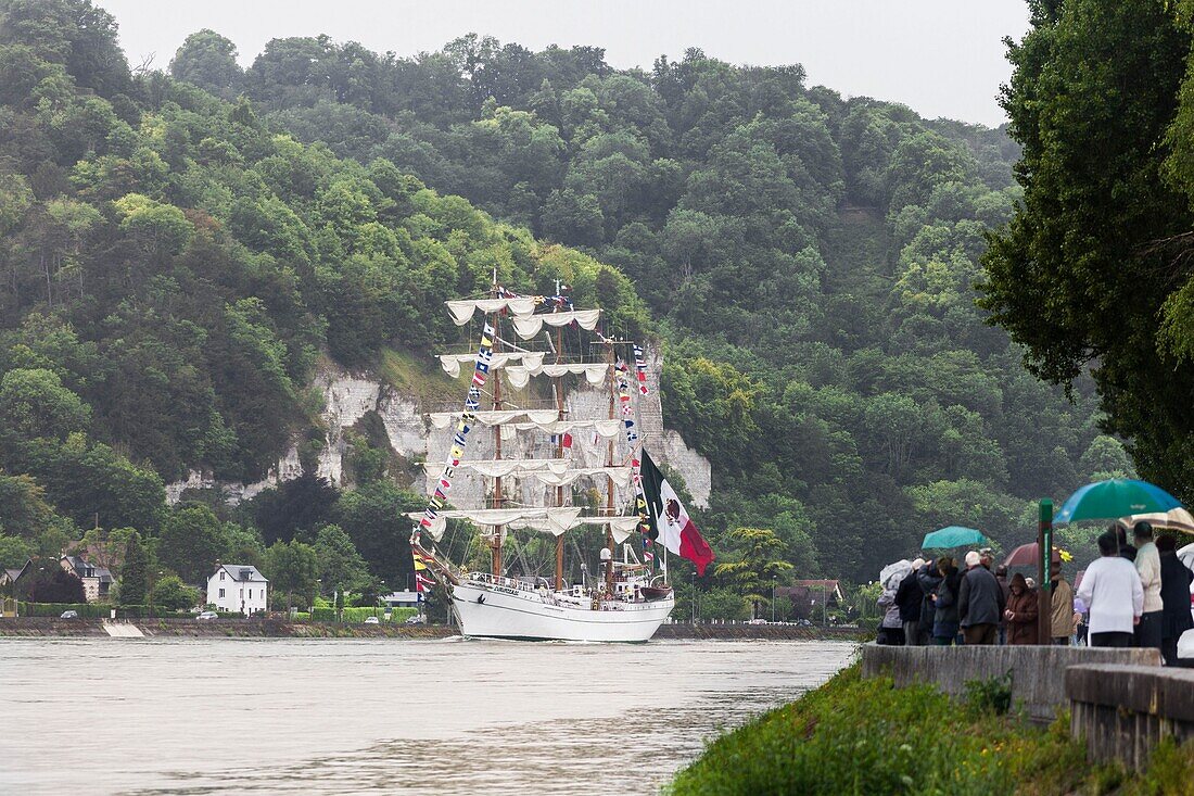 Frankreich, Seine Maritime, Sahurs, Armada 2019, JR Tolkien, Dreimastschoner, segelnd auf der Seine, vor dem Dorf La Bouille