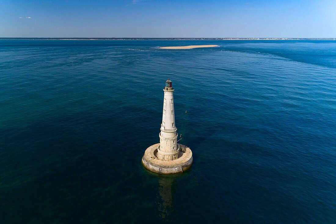 France, Gironde, Verdon-sur-Mer, rocky plateau of Cordouan, lighthouse of Cordouan, classified Historical Monuments, general view (aerial view)\n