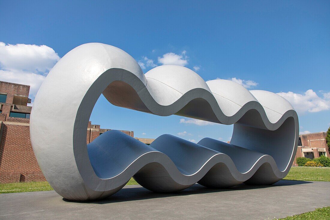 France, Nord, Villeneuve d'Ascq, LAM (Lille Métropole Museum of Modern Art, Contemporary Art and Art Brut), sculpture by Richard Deacon entitled Between Fiction and Fact, in the museum gardens\n