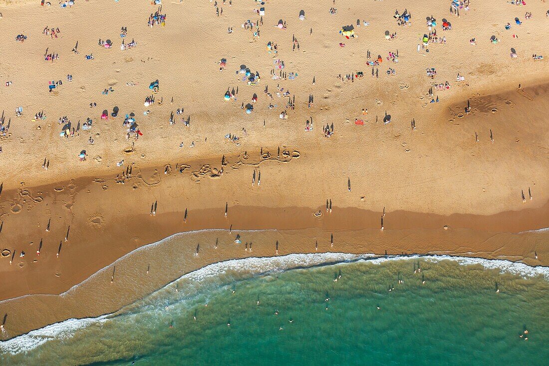 Frankreich, Vendee, La Tranche sur Mer, der Strand im Sommer (Luftaufnahme)