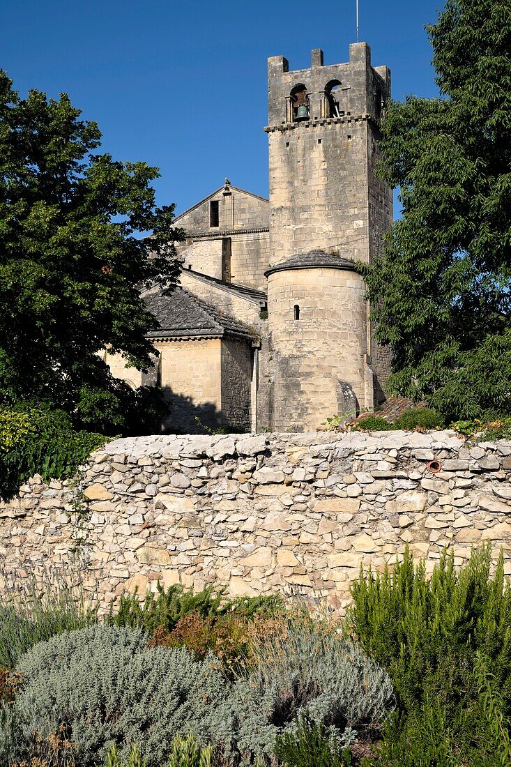 France, Vaucluse, Vaison la Romaine, from the Bon angel's garden, Notre Dame de Nazareth cathedral dated 11th and 12th centuries, backsides, tower\n