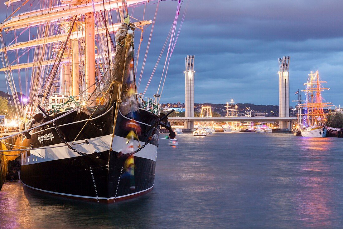 France, Seine Maritime, Rouen, Armada 2019, night view of the Kruzenshtern (four masted schooner) and Flaubert Bridge on the Seine River\n