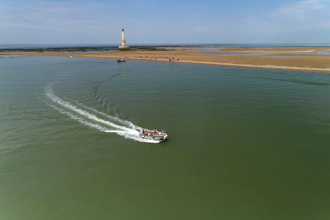 France, Gironde, Verdon-sur-Mer, rocky plateau of Cordouan, lighthouse of Cordouan, listed as World Heritage by UNESCO, visit of the lighthouse with transfer by boat and amphibious barge\n