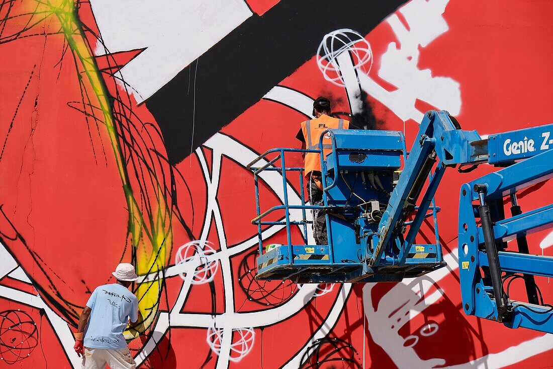 France, Cote d'Or, Villars Fontaine, La Karriere, Street Art on the Roc festival, fresco in a stone quarry of Burgundy , street artists Mode 2 and Futura 2000 of the DeFuMo collective at work\n