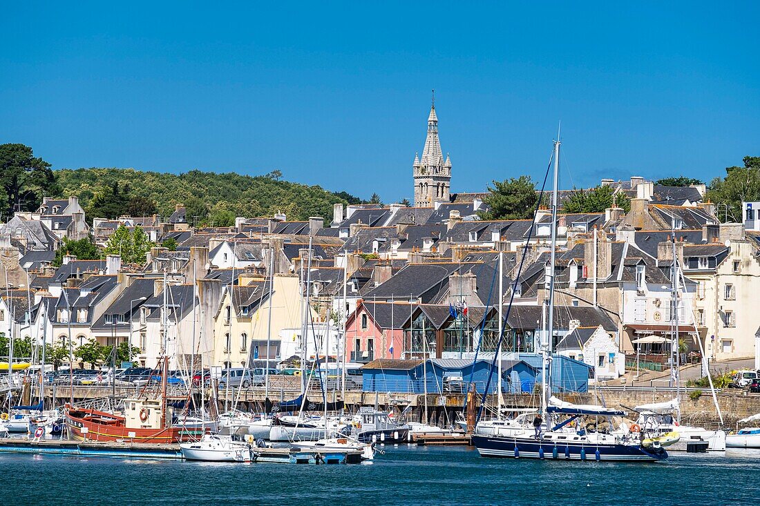 France, Finistere, Douarnenez, Treboul marina and Saint Joseph in the background\n