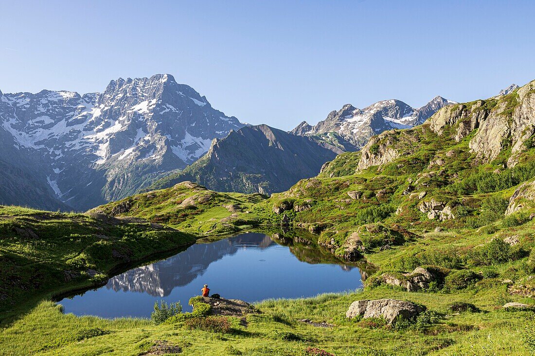 France, Hautes Alpes, national park of Ecrins, valley of Valgaudemar, La Chapelle en Valgaudemar, reflection of Sirac (3441m) on the lake of Lauzon (2008m)\n