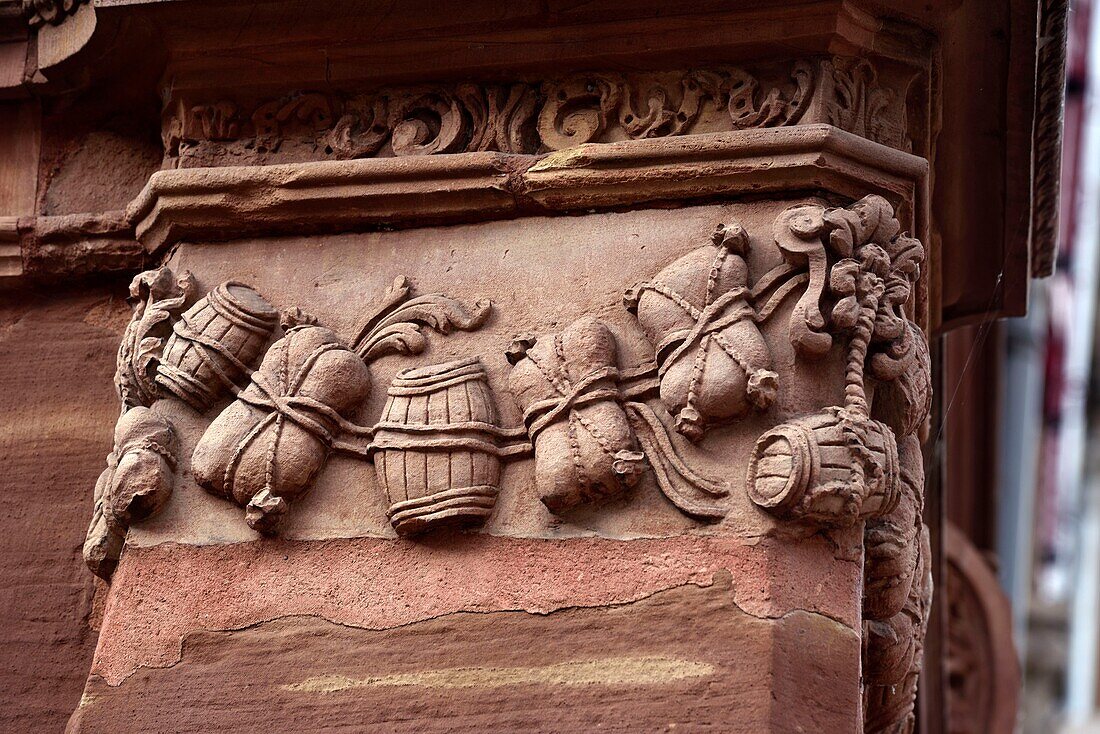 France, Meurthe et Moselle, Luneville, Rue du Chateau, Merchant's house dated 18th century, facade, frieze, bales and barrels of a boat\n