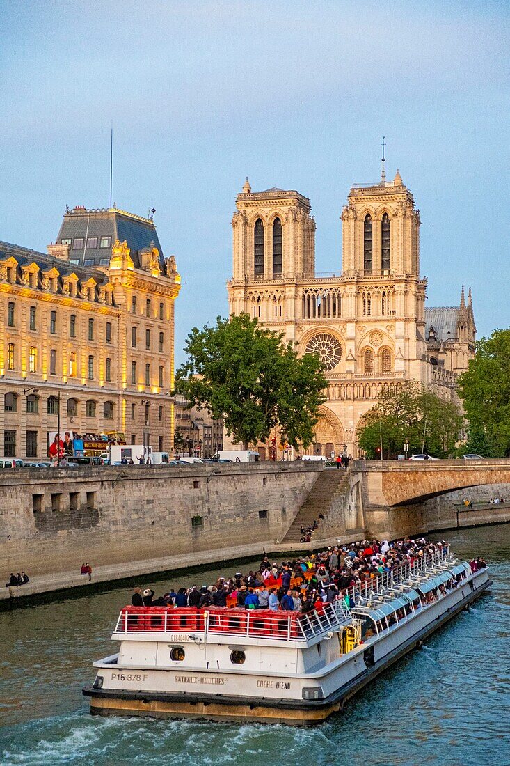 France, Paris, area listed as World Heritage by UNESCO, a fly boat in front of Notre Dame Cathedral on the Ile de la Cite\n