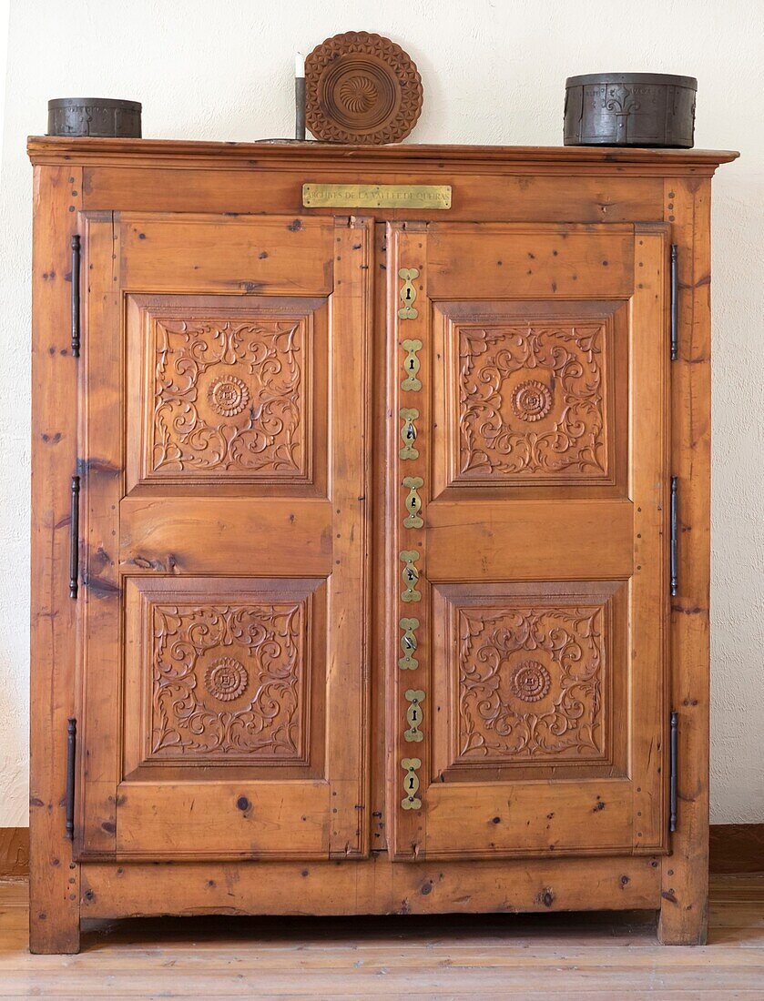 France, Hautes Alpes, regional natural park of Queyras, Chateau Ville Vieille, the armoire with 8 locks, symbol of the Republic of Escartons. It was made in 1773 by Joseph Sibille, cabinetmaker in Saint Veran and contained the archives of the Queiras Valley\n