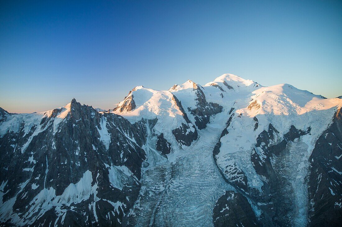 France, Haute Savoie, Chamonix Mont Blanc, Mont Blanc (4810m) at sunrise\n