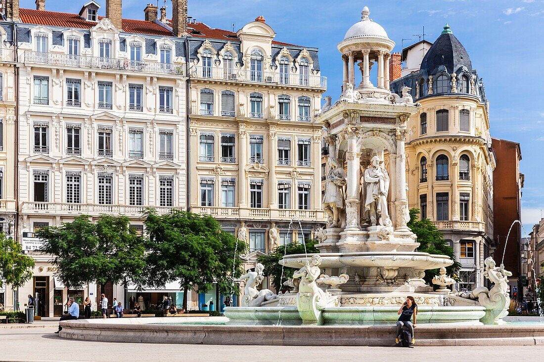 France, Rhone, Lyon, historical site listed as World Heritage by UNESCO, Cordeliers district, fountain of the Place des Jacobins\n