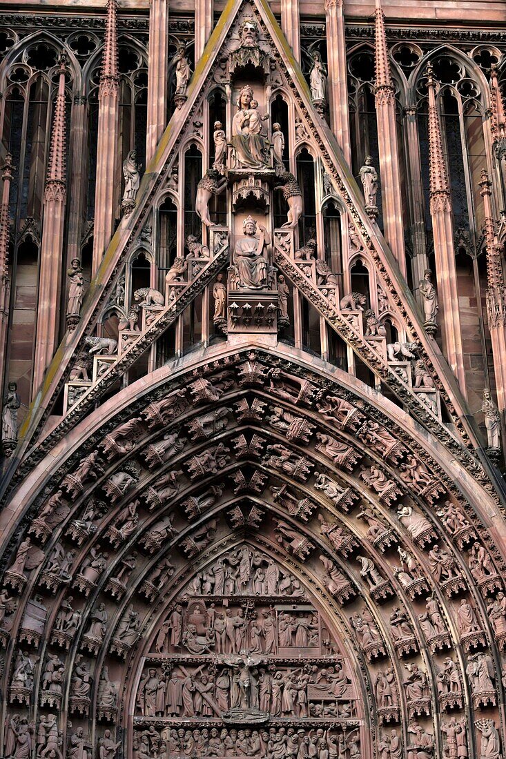 France, Bas Rhin, Strasbourg, old town listed as World Heritage by UNESCO, Notre Dame cathedral, west facade, central portal, tympanum\n