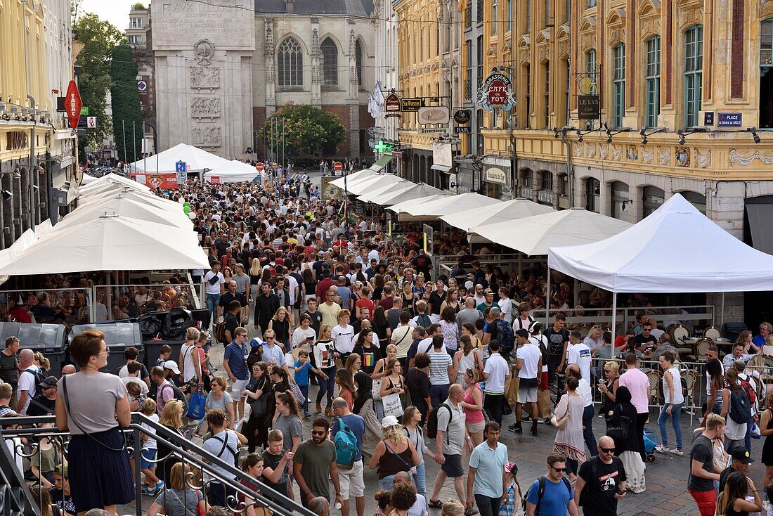 France, Nord, Lille, place Rihour, jumble sale 2019, crowd in the street\n