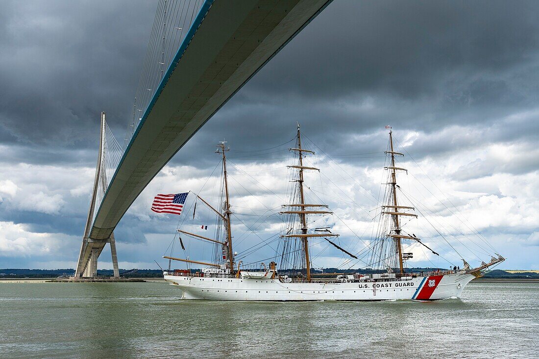 France, Calvados, Honfleur, the US Coast Guard Eagle under the Normandy bridge\n