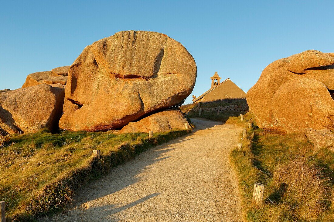 France, Cotes d'Armor, Pink Granite Coast, Perros Guirec, on the Customs footpath or GR 34 hiking trail, the chapel at Ploumanac'h point\n