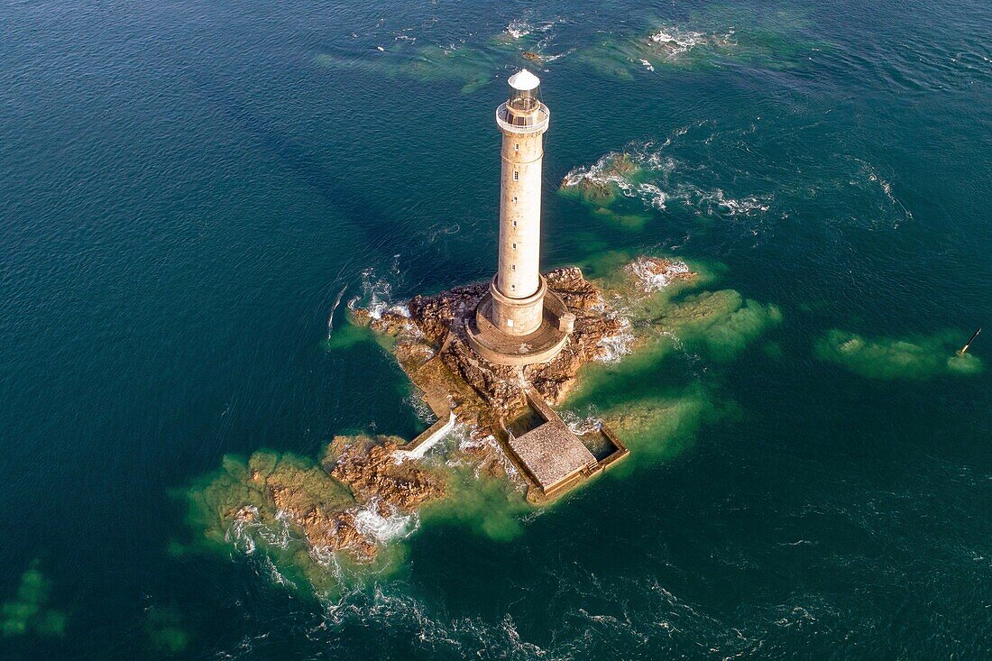 France, Manche, Cotentin, Cap de la Hague, Auderville, Goury the Hague lighthouse or Goury ligfhthouse (aerial view)\n