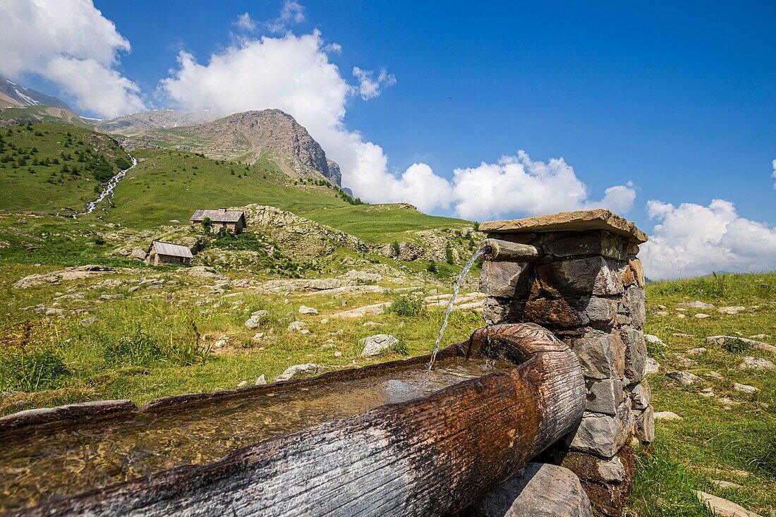 Frankreich, Hautes Alpes, Nationalpark Ecrins, Champsaur, Drac Noir Tal, Prapic, Trog und Hirtenhütte am Saut du Laire