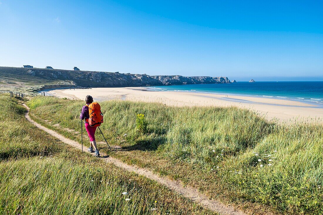 France, Finistere, Armorica Regional Natural Park, Crozon Peninsula, Camaret-sur-Mer, GR 34 hiking trail or customs trail, Pen Hat beach\n