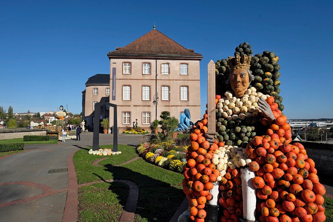 France, Doubs, Montbeliard, castle of the dukes of Württemberg, inner courtyard, museum, The Castle in Color, decorations, king on his throne, cucurbits, autumn\n