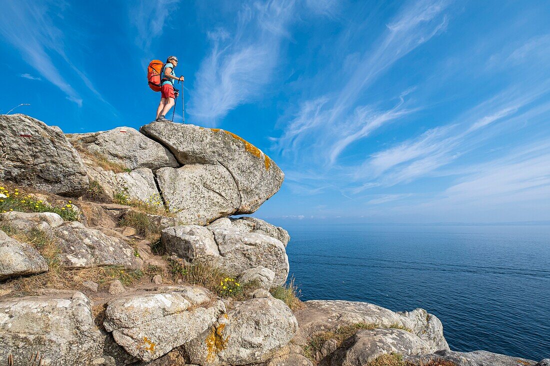 France, Finistere, Douarnenez, the GR 34 hiking trail or customs trail between Pointe de Leydé and Roches Blanches\n