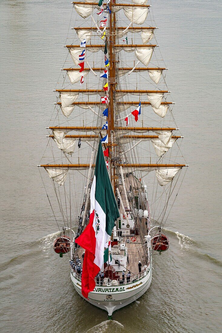 France, Seine Maritime, Caudebec-en-caux, Armada of Rouen 2019, the three-masted barque Cuauhtemoc seen from the bridge of Brotonne\n