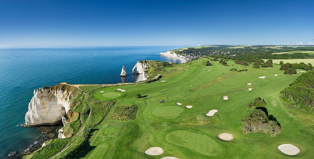 France, Seine Maritime, Etretat, Cote d'Abatre, the golf (aerial view)\n