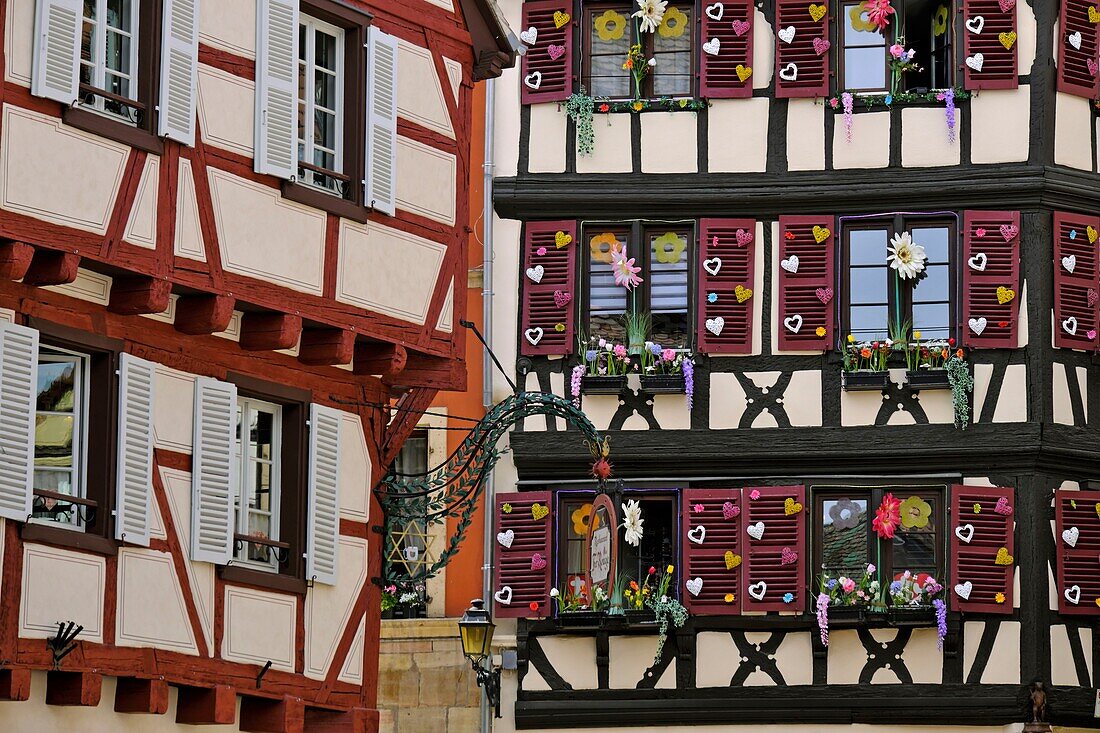France, Haut Rhin, Colmar, Rue des Marchands, half timbered houses, Easter decorations\n