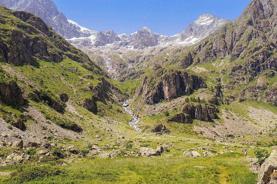 France, Hautes Alpes, Ecrins National Park, valley of Valgaudemar, La Chapelle en Valgaudemar, glacial Circus of Gioberney\n
