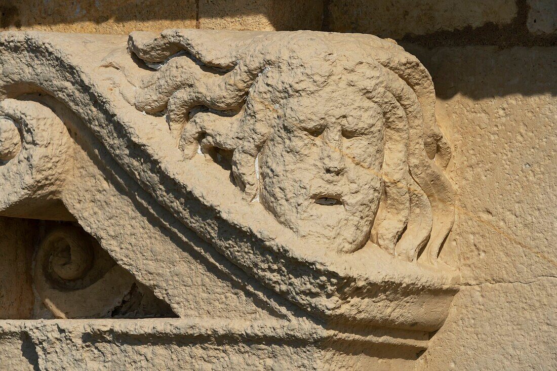 France, Gironde, Verdon-sur-Mer, rocky plateau of Cordouan, lighthouse of Cordouan, classified Historical Monuments, masonry detail, mascaron\n