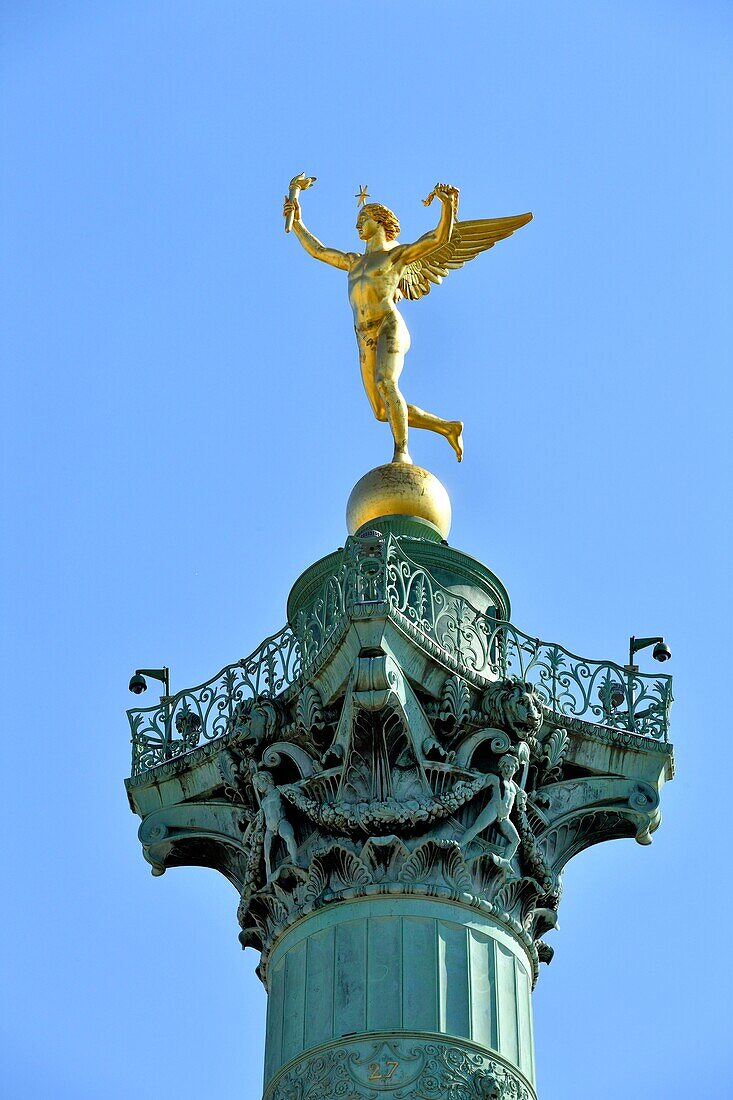 France, Paris, Place de la Bastille, Column of July, the Genie de la Liberte, gilded bronze sculpture of Auguste Dumont\n