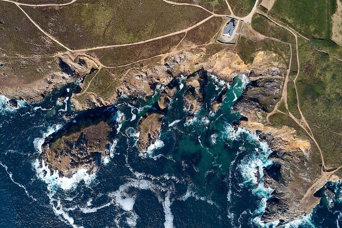 France, Finistere, Iroise sea, Baie des Trépassés, Cleden-Cap-Sizun, Pointe du Van, Saint They chapel (aerial view)\n