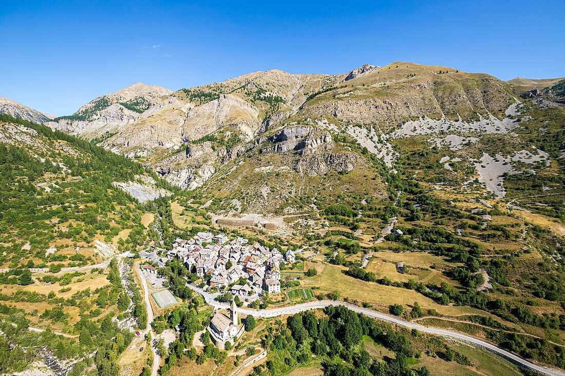 France, Alpes-Maritimes, Mercantour National Park, Tinée valley, Saint-Dalmas-le-Selvage, view of the village from the Claffournier belvedere\n