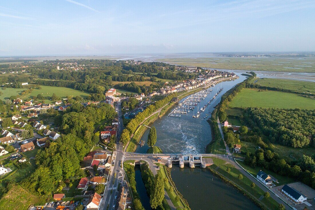 France, Somme, Baie de Somme, Saint Valery sur Somme, mouth of the Somme in the bay (aerial view)\n