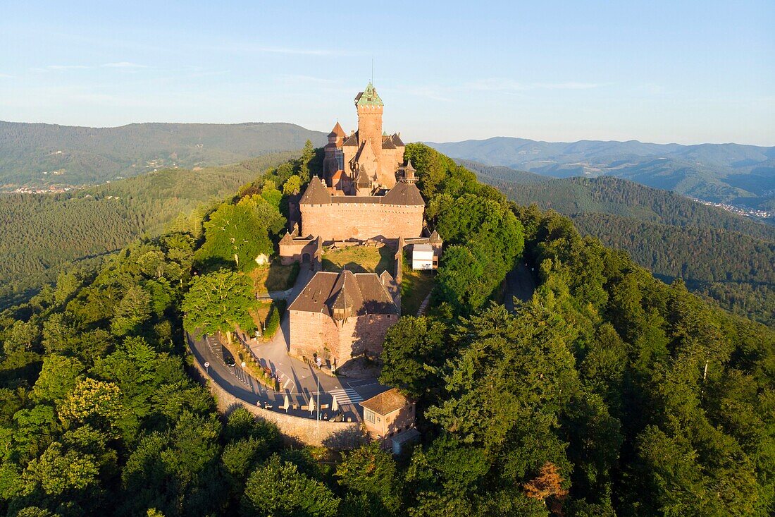 France, Bas Rhin, Alsace Wine Road, Orschwiller, Haut Koenigsbourg castle on the foothills of the Vosges and overlooking the plain of Alsace, Medieval castle of the 12th century, It is classified as a historical monument (aerial view)\n
