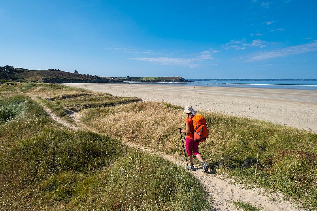 France, Finistere, Douarnenez Bay, Plomodiern, Lestrevet beach on the GR 34 hiking trail or customs trail\n