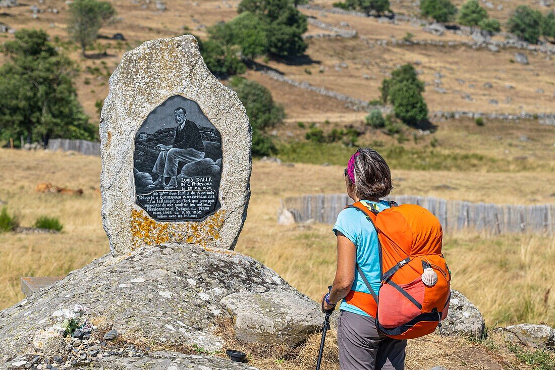 France, Lozere, Aubrac Regional Nature Reserve, Prinsuejols, hike along the Via Podiensis, one of the French pilgrim routes to Santiago de Compostela or GR 65, tribute to Louis Dalle, French missionary and bishop born in Prinsuejols (1922-1982)\n