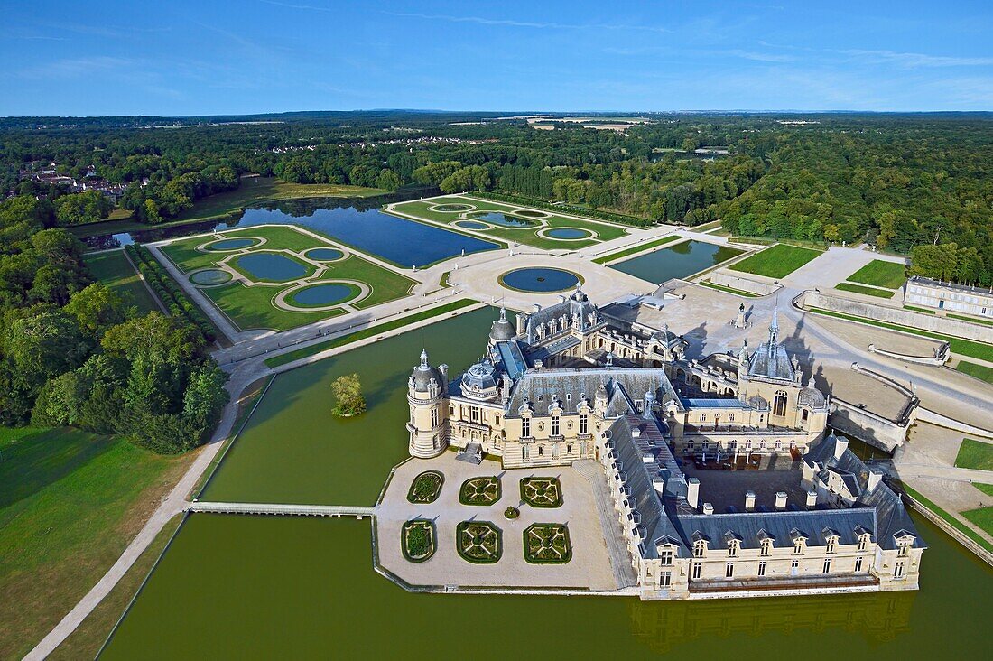 France, Oise, the castle of Chantilly and its french style garden designed by André Le Nôtre (aerial view)\n