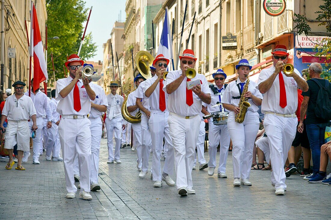 France, Herault, Sete, orchestra in a street during the festivities of Saint Pierre\n