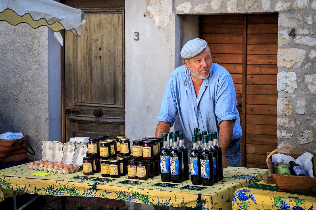 France, Alpes Maritimes, Parc Naturel Regional des Prealpes d'Azur, Gourdon, labeled Les Plus Beaux Villages de France, Farming party of Gorges du Loup, Philippe Raymondo organic producer at Bollene Vesubie, stalls of jars of jam and bottles of raspberry and blackcurrant syrup\n